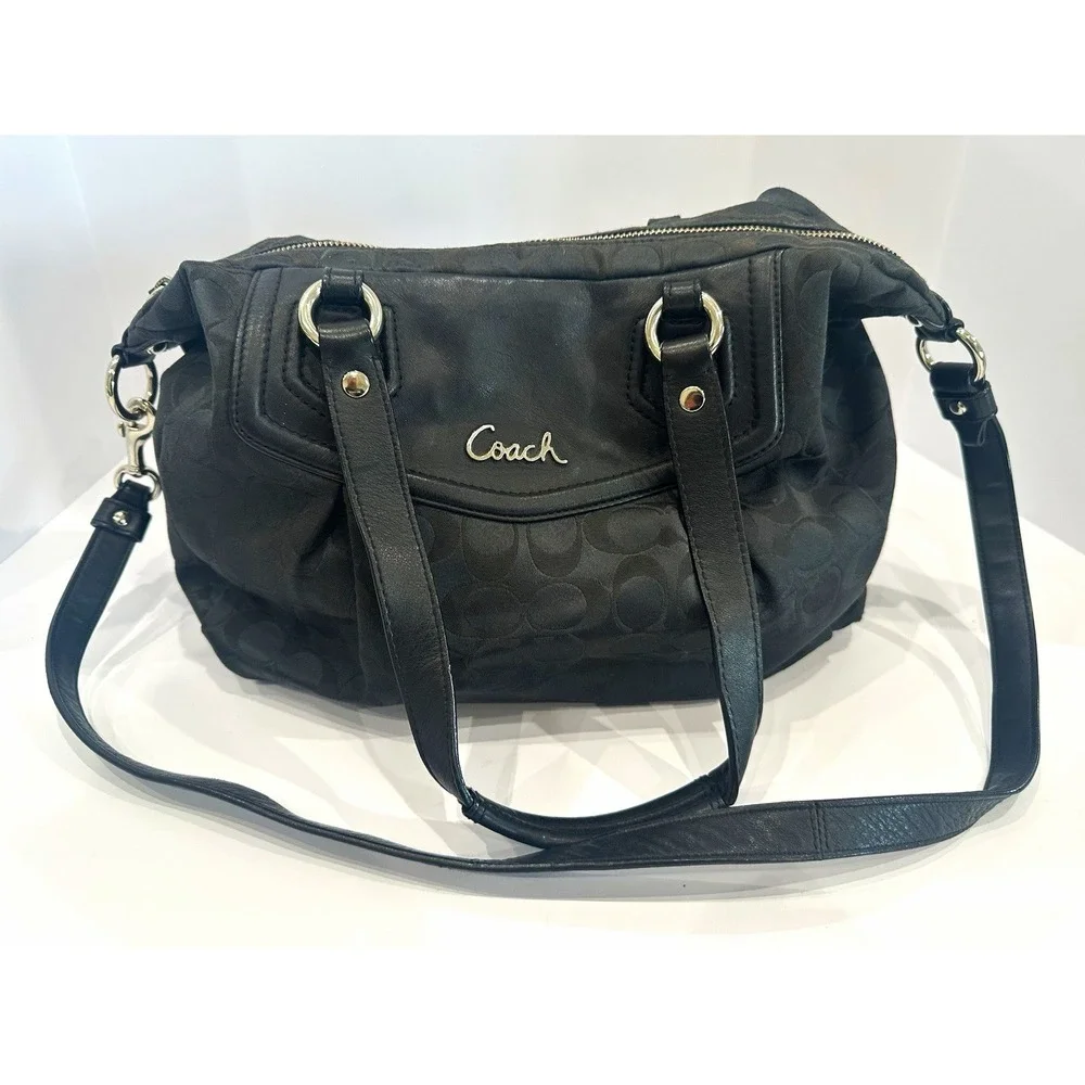 Coach F21905 Black Signature C Satchel Shoulder Bag Crossbody Leather Trim